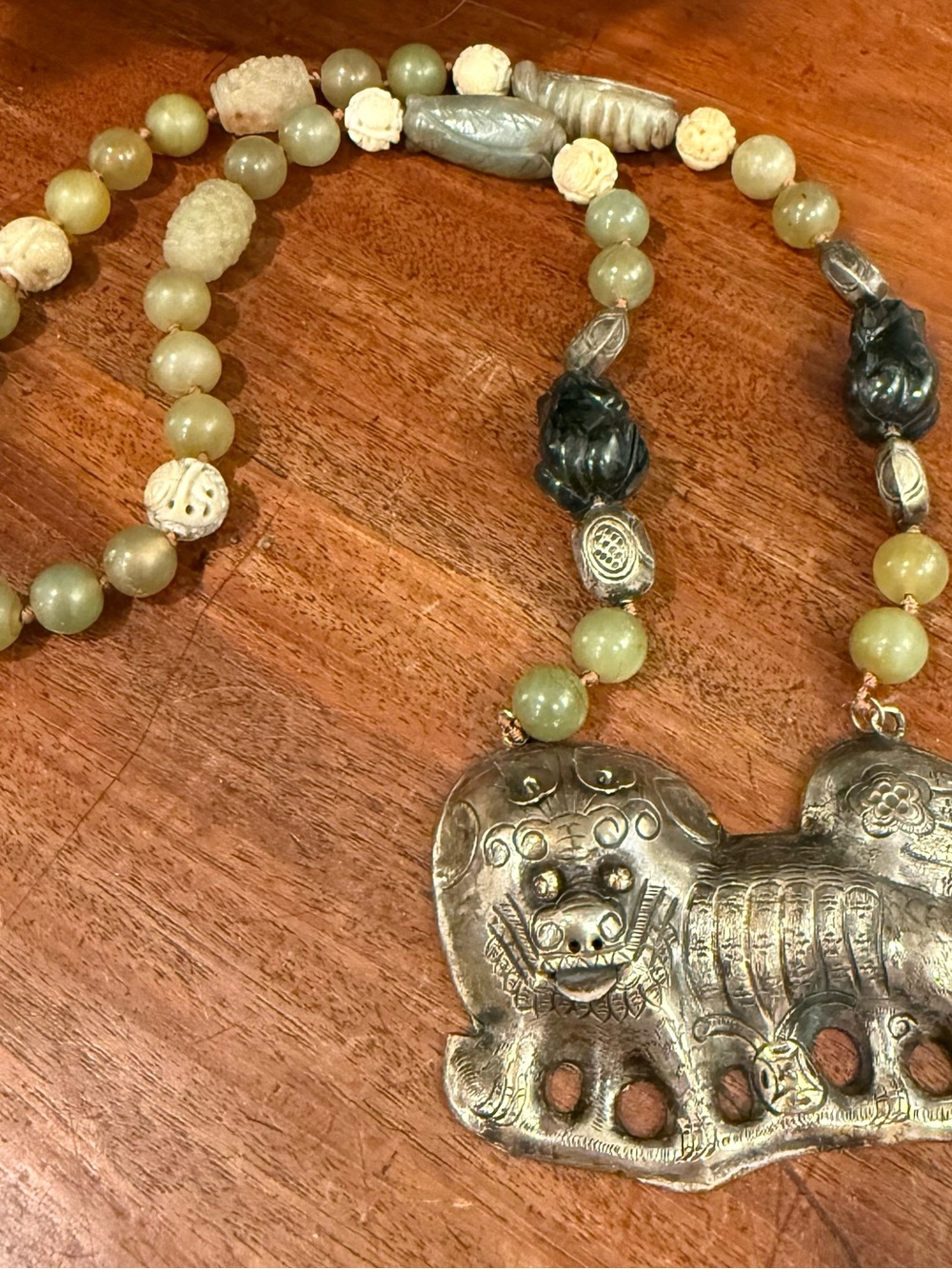 Artisan Silver Lion Pendant Necklace with Green Jade and Black Onyx Beads-FIRM - Picture 2 of 6
